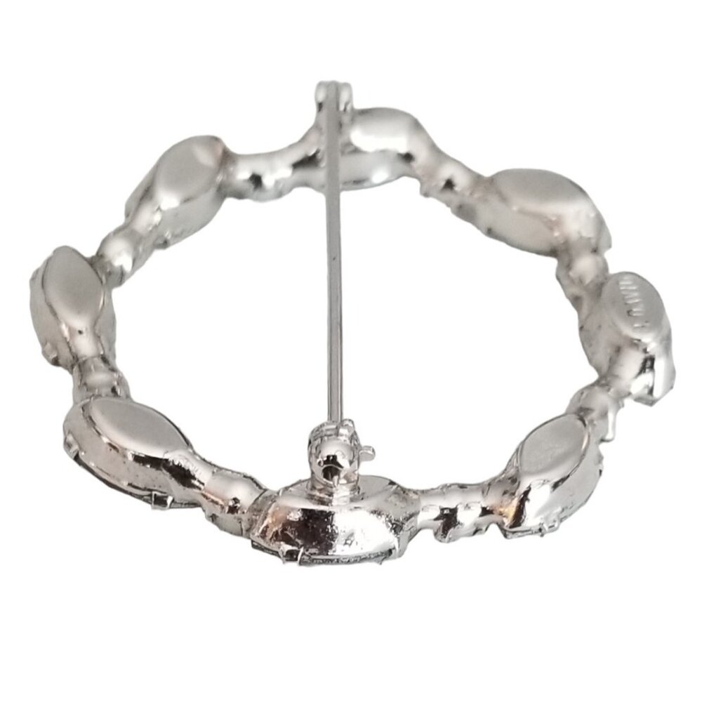 B David Silver Tone AB Rhinestone Faux Pearl Round Open Brooch Pin, Signed M354 - Picture 3 of 6